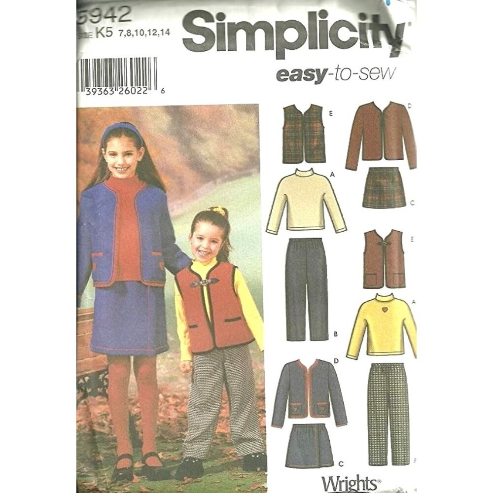 Simplicity Sewing Pattern 5942 Pants Skirt Jacket Or Vest Knit Top Girls 7-14‎